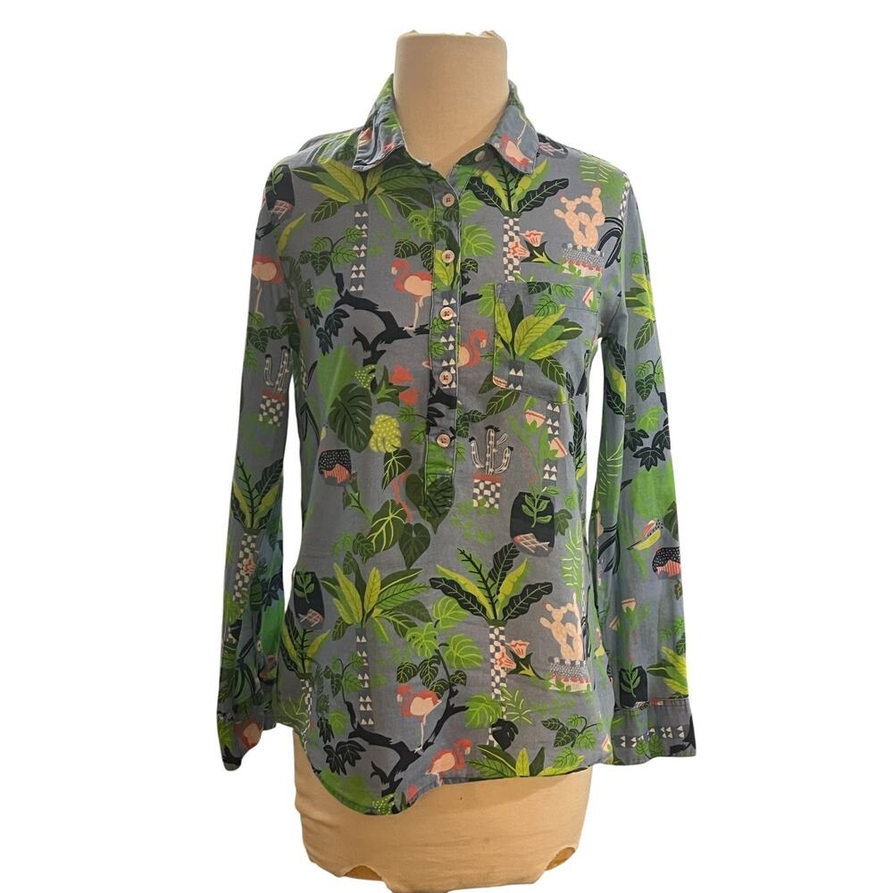 TIZZIE Ladies Blue Green Floral Button Up Roll Tab Sleeve Summer Shirt Top XS